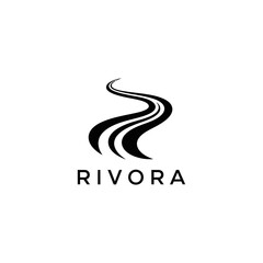 Rivora logo with abstract river or road graphic.
