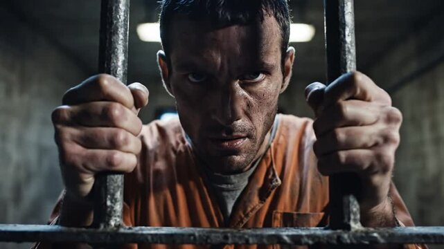Intense prisoner staring through jail bars, holding on in a dark, ominous prison environment