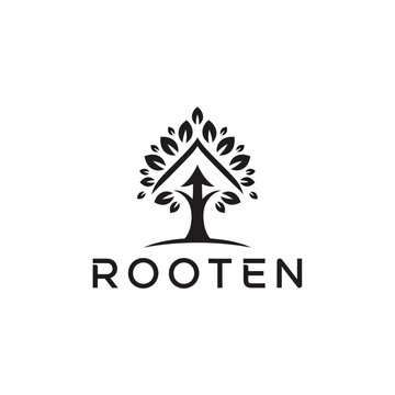 Rooten logo with a tree and an upward arrow, symbolizing growth and nature.