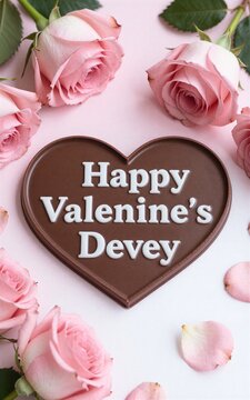 Pink roses surround heart-shaped chocolate saying "Happy Valentine's Devey" on soft pink background.