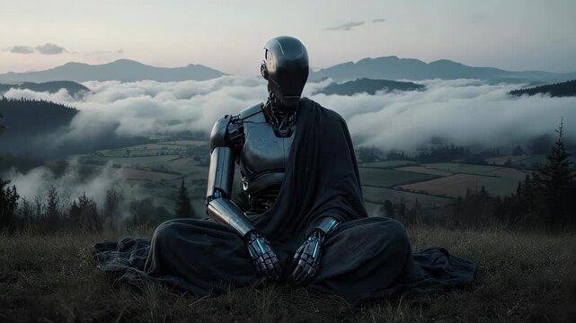 Contemplative robot in meditation pose against a serene landscape