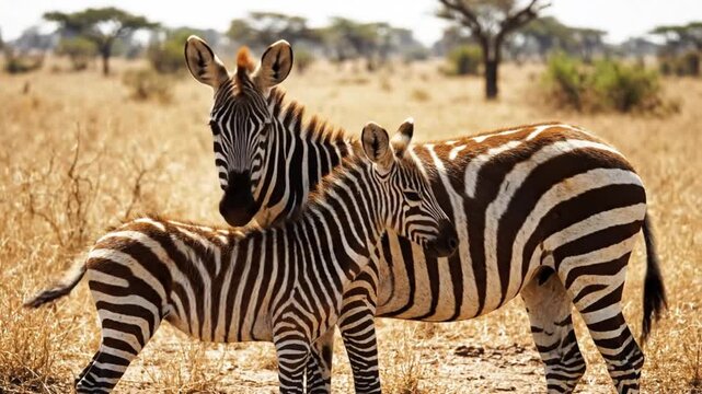 Beautiful zebra mare and foal standing together in the African savanna on a bright sunny day
