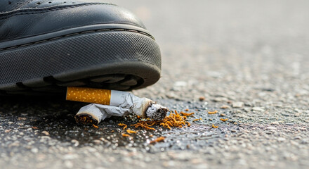 Black shoe crushing cigarette butt on ground symbolizing quitting