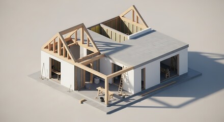 Isometric view of construction site, house development, wooden framing