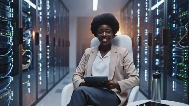 Confident businesswoman in modern server room, highlighting data security, reliability, and scalability for the future