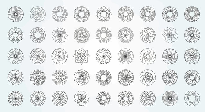 A collection of circular designs showcasing varied geometric patterns and abstract formations in