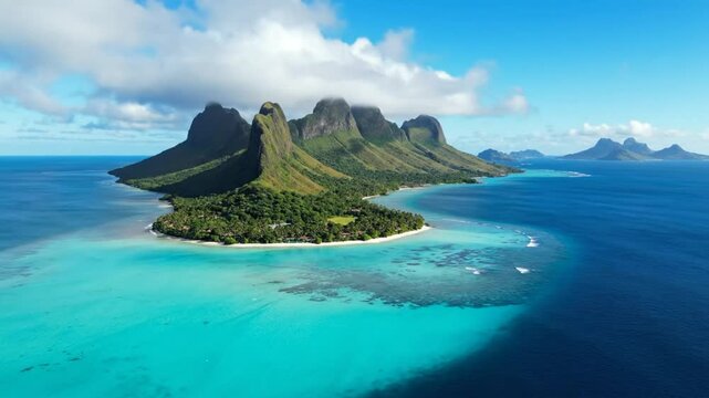 Bora Bora Island Paradise Drone Aerial View Shows Turquoise Ocean and Lush Green Island Landscape Under Sunny Blue Skies