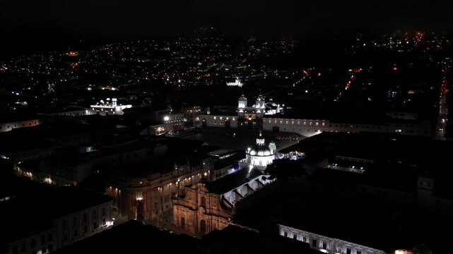 Aerial Night View of Quito Historic Center, Ecuador
Stunning aerial drone footage of Quito&rsquo;s Historic Center at night, Ecuador. Illuminated colonial churches, historic buildings, and narro