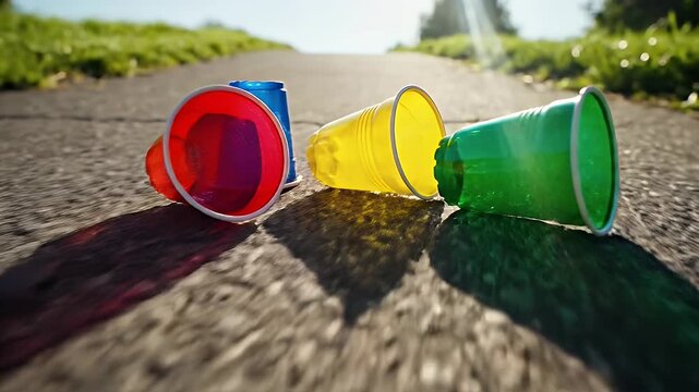 Colorful plastic cups lying on a paved road surrounded by lush greenery on a sunny day
