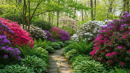 A serene garden pathway surrounded by vibrant flowers and lush greenery