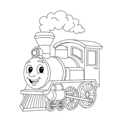 Happy Cartoon Train Engine with Smiling Face Coloring Page. © Faiz