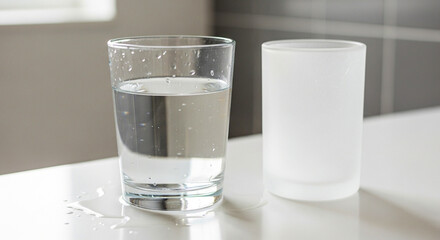 Clear glass of water next to frosted glass on white surface