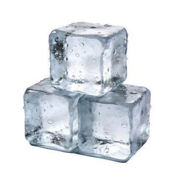 Three stacked clear ice cubes with water droplets on their surfaces, isolated on a white background. Represents cooling, refreshment, and frozen water in a pure, crystalline form.