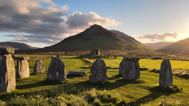Ancient stone circle and standing stones at sunrise with mountain range landscape Scotland