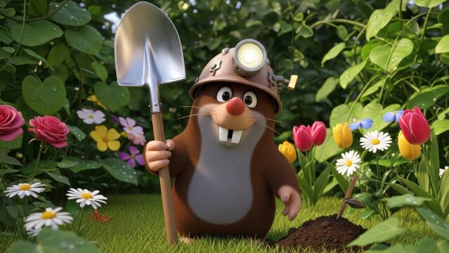 A charming cartoon mole gardener amidst vibrant blossoms, ready for digging with his trusty shovel