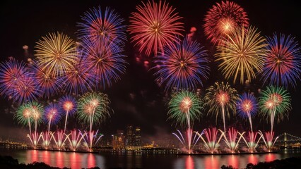 Brilliant display of pyrotechnics illuminating the night sky over a cityscape skyline