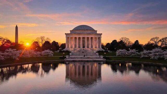 Scenic view of the Jefferson Memorial and Washington Monument at sunset with cherry blossoms in Washington DC