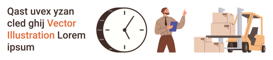 Time management, supply chain operations, warehouse logistics, inventory control, shipping, productivity. Clock, worker with clipboard forklift with boxes. Time management and supply chain © robu_s