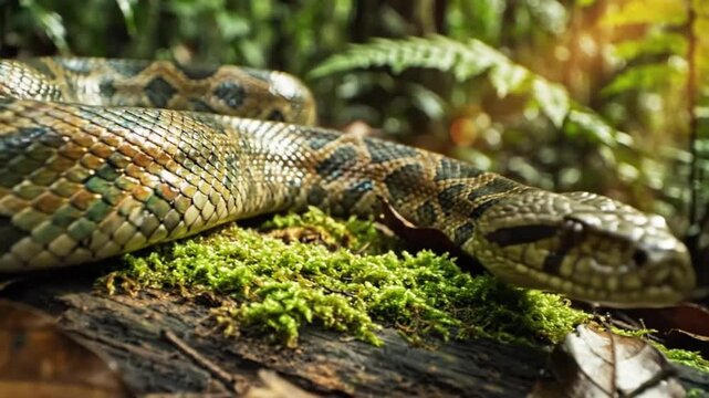 Close-up of a large snake with scales resting on a log in a lush green environment with moss and foliage