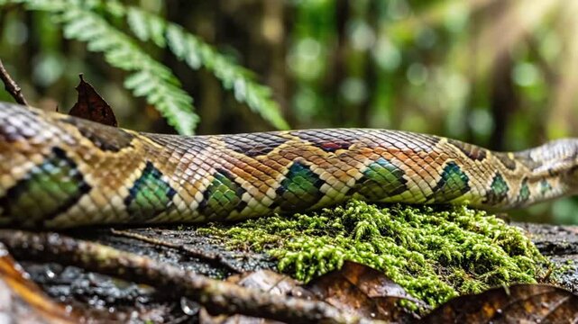 Close-up of a vibrant snake resting on a mossy log with detailed scales and natural jungle background