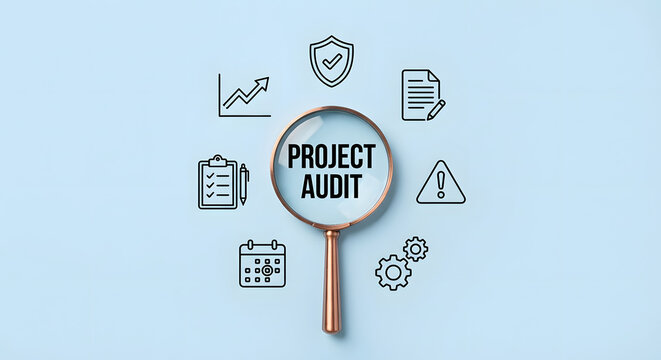magnifying glass focusing on project audit text surrounded by business icons for risk management financial analysis quality control and strategic planning on a blue background