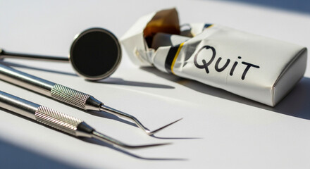 Dental tools and cigarette pack with quit message on white surface