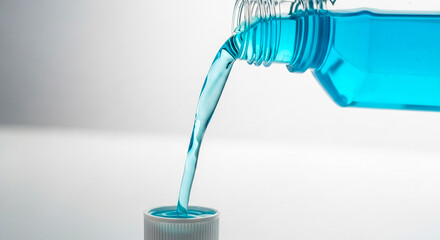 Vibrant blue liquid pouring from bottle into cap on white background