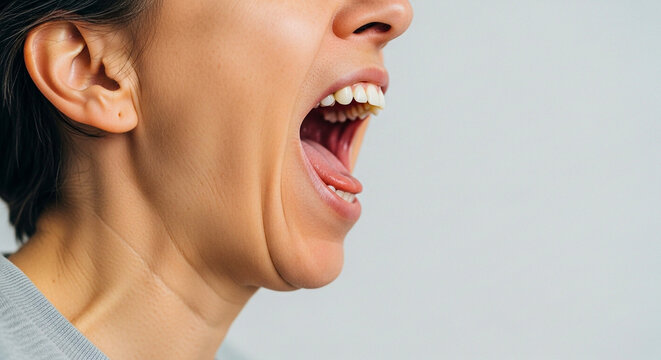 Woman with open mouth and visible teeth in close-up profile