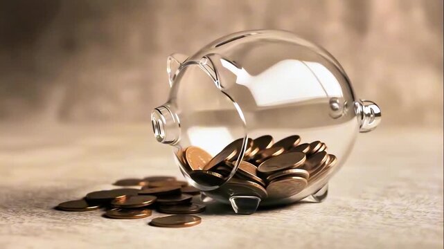 Glass piggy bank lies side copper coins scattered wooden table, finance savings concept emphasizes investment goal bank finance, financial outcome provides professional business atmosphere