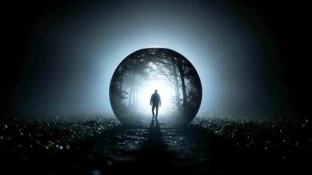 Dark silhouette man enters glowing magic portal sphere mysterious forest, mystical light pierces mist portal transition dimension, fantasy adventure creates ethereal mystical atmosphere