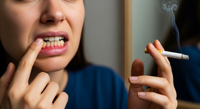 Woman with yellow teeth holding cigarette and touching mouth