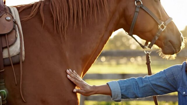 Woman petting a chestnut horse's chest by a fence during the golden hour of a beautiful sunset