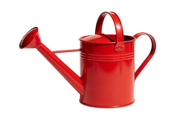 Red metal watering can, ideal for gardening and plant irrigation. Designed with a spout and handle for easy use, it&rsquo;s a classic tool for outdoor and indoor plant care.