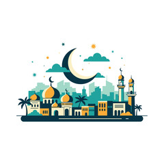 Obraz premium Islamic Mosque Cityscape with Crescent Moon and Stars.