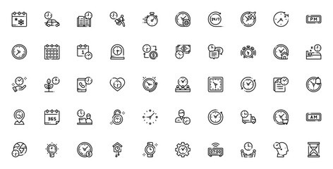 Time icon set. Minimal vector icons pack. Includes symbols for calendar, clock, travel, work, alarm, stopwatch, meeting, delivery and more. Editable stroke.