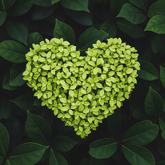 Heart shape of light green leafs against dark green leafs for Love valentine's Day Background.