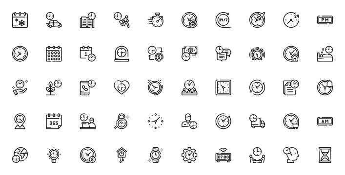 Time icon set. Minimal vector icons pack. Includes symbols for calendar, clock, travel, work, alarm, stopwatch, meeting, delivery and more. Editable stroke.