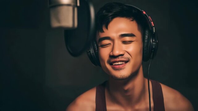 Cheerful Young Asian Man Recording Song or Podcast with Professional Microphone and Headphones in Studio