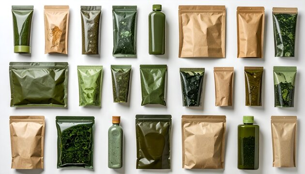 A curated collection of diverse green and natural packaging, showcasing pouches, bottles, and bags for a healthy and sustainable product range