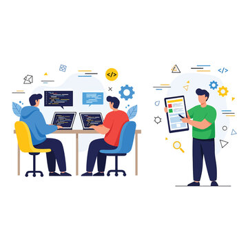 Three programmers collaborating on a software development project