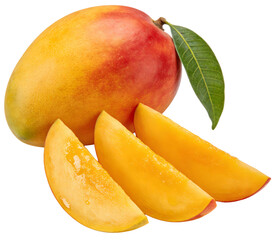 Fresh ripe mango with vibrant red and yellow skin, accompanied by three juicy slices and a green leaf, showcasing its natural sweetness and tropical appeal.