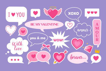 Valentine&rsquo;s Day Love Stickers Set with Romantic Speech Bubbles, Hearts and Cute Messages, Pink and Purple Social Media Icons Collection for Messaging, Stories, Posts and Digital Design.