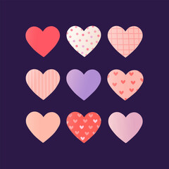 Valentine&rsquo;s Day Hearts Set with Cute Prints Love Icons on Dark Purple Background, Romantic Flat Heart Collection for Greeting Cards, Branding, Packaging, Social Media and Holiday Design.