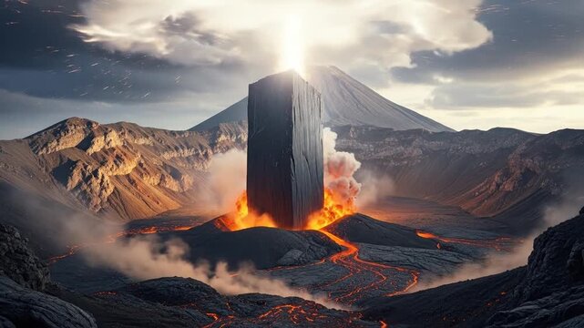 Towering monolith erupts amidst fiery lava flows