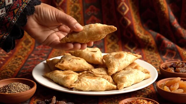 Hand taking fried pastry from plate.