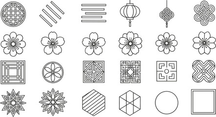 Geometric floral outline vector icon set with abstract patterns lanterns mandalas and decorative line art © Tofajjol