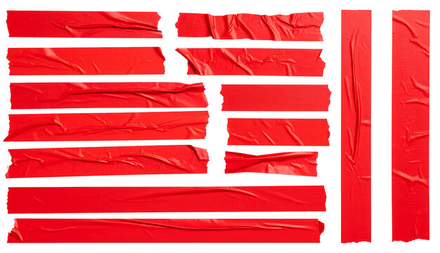 Collection of red adhesive tape strips and masking tape pieces isolated on white background, realistic sticky duct tape textures for scrapbooking, repair, and creative design mockups