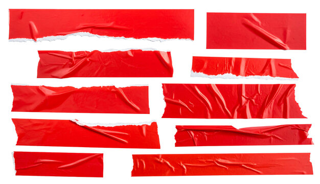 Set of realistic red duct tape strips and torn adhesive masking tape pieces isolated on white background, wrinkled plastic electrical tape mockup for textured design and creative repair elements