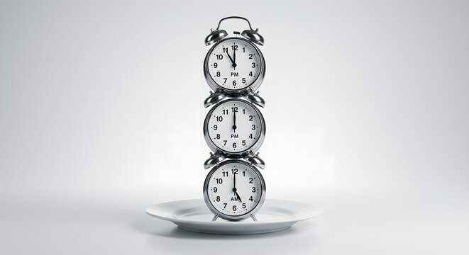 stack of three vintage alarm clocks balanced on a white ceramic plate representing intermittent fasting time restricted eating meal scheduling and biological clock management
