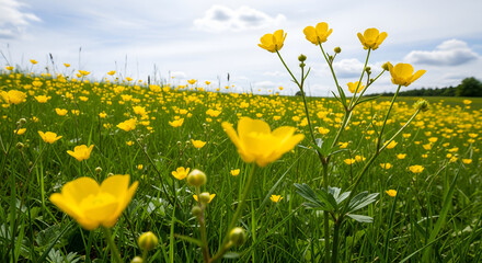 Summer meadow with yellow flowers (buttercups). View from below.